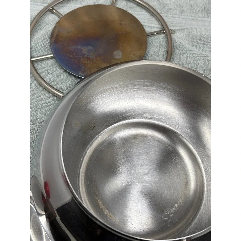 Vintage MCM Stainless Steel Fondue Set Japan Wood Handles Pot 8 Plates 8 Forks‎